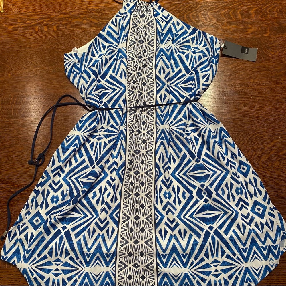 Blue & White Patterned Short Halter Dress